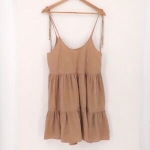 Aerie Magic Hour Boho Cover-Up Tiered Sundress Size M Tan Gold Metallic Beachy